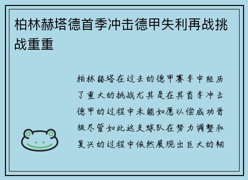 柏林赫塔德首季冲击德甲失利再战挑战重重